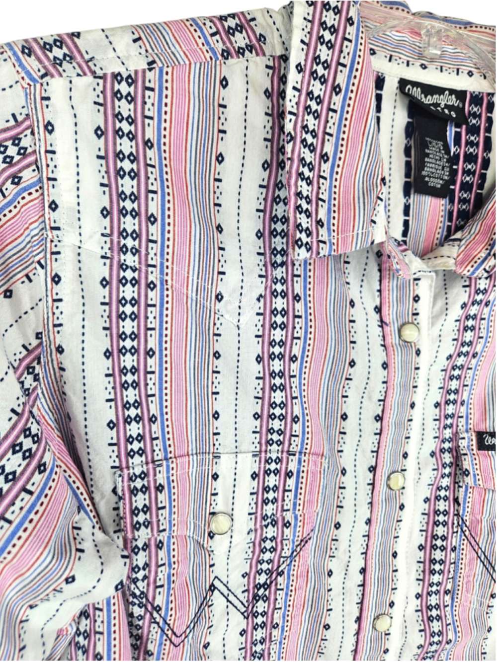 Wrangler Retro Western Pearl Snap Shirt Women L Pink Aztec Stripe Cotton Top - Picture 4 of 8